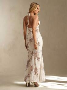 Glamine Women's Floral Sequin Deep V-Neck Backless Dress - Champagne - View 3