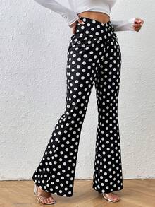 Chiquease 女士休閒波點印花V腰喇叭褲 - 黑與白 - 查看 3