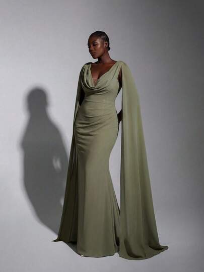 Elitara 大码优雅深灰绿色雪纺垂褶领口露肩奢华水钻装饰鱼尾长裙，适合约会、度假、单身派对、婚礼、伴娘活动、正式场合。