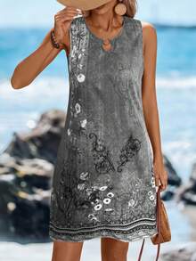 Sylviya Đầm chữ A không tay cổ tròn đính vòng kim loại, họa tiết hoa, kiểu dáng thường ngày, thanh lịch, thích hợp cho kỳ nghỉ, đường phố, váy ngắn cho nữ, đầm đi nghỉ mát, đầm thường ngày, đầm dự tiệc, đầm hè, đầm mùa hè thường ngày. - Xám - Xem 3