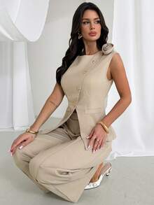 Firerie 女士优雅简约精致浪漫时尚通勤都市现代新款潮流不对称领3D立体花卉金属纽扣收腰袖西装外套和高腰阔腿卡其色套装，2件套 - 卡其色 - 查看 1