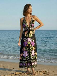 CAJUNI Vestido halter sexy con cuello en V profundo, cintura con lazo y estampado floral, para vacaciones - Multicolor - Ver 3