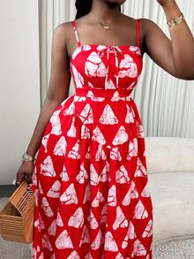 Xyvia 女士红白数码几何印花吊带束腰喇叭连衣裙，休闲度假风，活力四射，适合狂欢节、劳动节、复活节、返校派对、海滩度假、旅行、夏季街头风等场合。春夏新款必备时尚小众设计，百搭吊带束腰喇叭连衣裙。 - 紅白色 - 查看 1