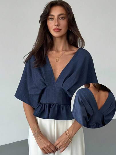 Aloruh Blusa de mujer de unicolor con cuello en V, volantes y pliegues de moda