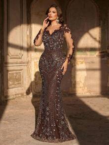 Aureia 大码优雅浪漫棕色深V领长袖薄纱贴花装饰奢华亮片网纱拼接美人鱼下摆紧身连衣裙，适合网红婚礼派对正式晚宴（重工装饰设计） - 棕色 - 查看 7