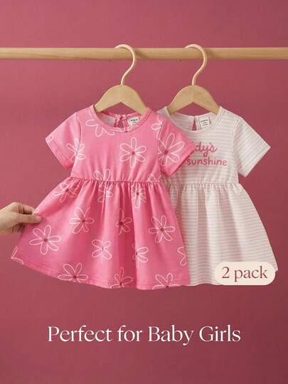 SHEIN 2 Piece Baby Girls Clothes Set Toddler Infantile Pink Cute Floral Stripe Graphic Tee Dress Vestidos Summer Outfits Clothes Short Sleeve A-Line Soft Thick Skirt Skirts Casual Vacation Birthday Party Spring Summer