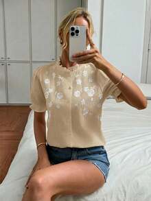 Easowa 女士休闲刺绣纯棉白衬衫，适合度假穿着 - 卡其色 - 查看 6