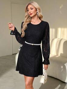 SHEIN Clasi 女士优雅蕾丝荷叶边袖收腰短款派对连衣裙，适合春季、夏季、秋季、情人节穿着。 - 黑色 - 查看 5