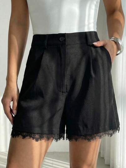 Lavishia Women's Pocketed Button Lace Trim Pleated Casual Versatile Daily Wear Shorts Summer Holiday Outfits Vacation Outfits Women  Office Clothes