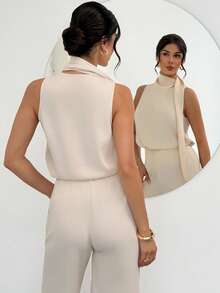 Firerie Women's Elegant Minimalist Fashion Commuter Urban Chic New Daily Casual Flowy Collar Sleeveless Blouse And High Waist Long Pants Apricot 2-Piece Set - Apricot - View 8