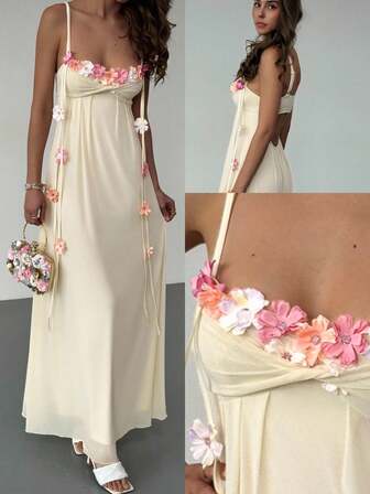 Aloruh Women Elegant Romantic Sexy 3D Floral Decor Slip Dress Pink Floral Summer Garden Wedding Party Bachelorette Party Tea Party Guest Graduation Fairy