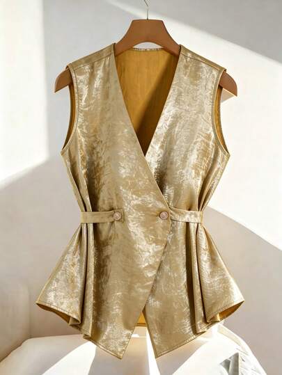 Franclia Gold Shimmer Sleeveless Vest | V-Neck Waist Cinched + Double-Breasted Decor, Luxury Party Elegant Top / Retro Commute Jacket