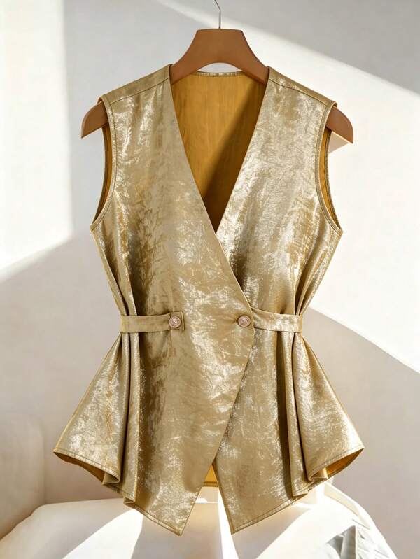 Franclia Gold Shimmer Sleeveless Vest | V-Neck Waist Cinched + Double-Breasted Decor, Luxury Party Elegant Top / Retro Commute Jacket