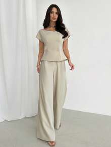 Firerie Bộ đồ nữ thanh lịch tối giản, thích hợp cho công sở, gồm áo sơ mi ngắn tay hai hàng cúc trễ vai và quần ống rộng cạp cao, màu mơ, thích hợp cho mùa xuân/hè. - Màu be - Xem 11