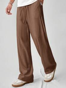 SWAVVY Men's Woven Casual Daily Solid Color Linen-Like Straight Leg Pants - Brown - View 4