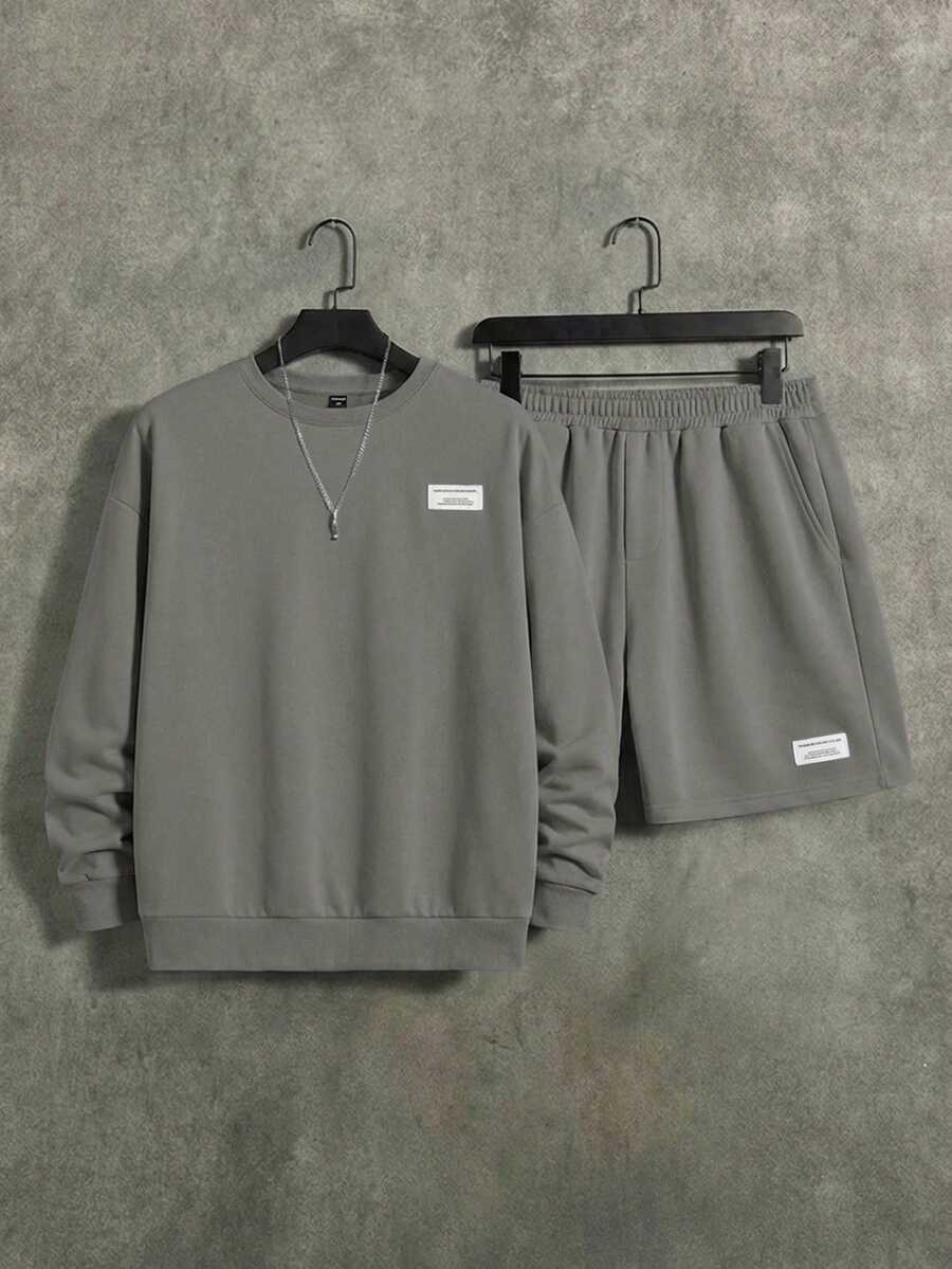 Manfinity Unisex 男士休闲百搭圆领卫衣短裤两件套 - 灰色 - 查看 1