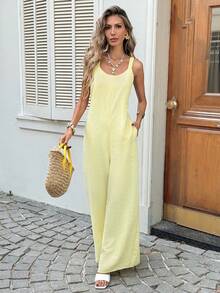 SHEIN LUNE 女士休闲纹理连体裤，适合夏季度假、通勤和日常穿着，无袖宽松款 - 淡黃色 - 查看 6