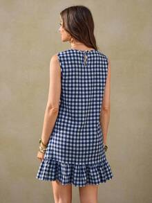 Wildy Đầm ngắn kẻ caro xanh lá cây lãng mạn kiểu miền Tây nước Mỹ mùa hè mới, viền bèo nhún, thích hợp cho kỳ nghỉ. - Xanh và trắng - Xem 4