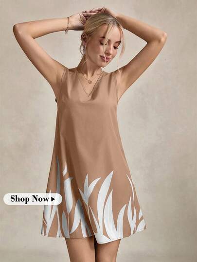 Wildy Women's Floral Print V-Neck Sleeveless Dress Nude Dresses For Women Tan Dress Women Flow Dress