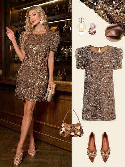 Ellevyn Solid Puff Sleeve Keyhole Back Dress Texture Fabric  Summer Outfits For Women  Women's Casual And Elegant Outfits Elegant Dresses For Party  Bridesmaid Dress Weddings & Events   Wedding Guest Dress, Party Short Retro Sequined Dress, Brown Mesh Crochet Fabric, Banquet Dress, Puff Sleeve Short-Sleeved Elegant Dress