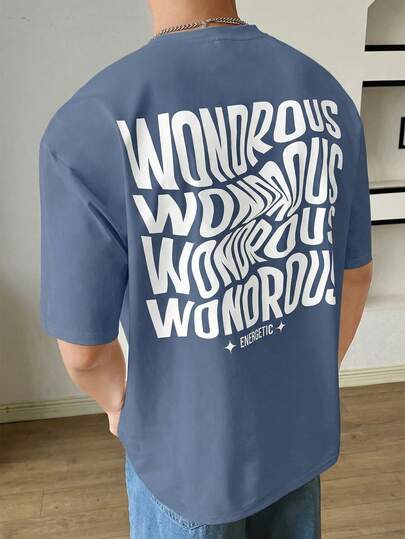 SWAVVY Camiseta de manga corta casual con estampado de letras para hombres, camiseta gráfica azul de verano con diseño raro, camiseta casual de commuter con estampado de figura para hombres, camiseta universitaria con gráfico azul para hombres