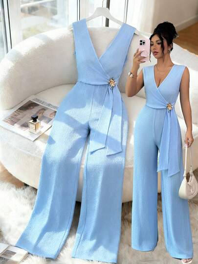 Elenzga Women's Casual Solid Color Sleeveless Jumpsuit, Suitable For Commuting In Summer