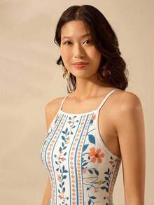 CAJUNI 女士波西米亚风热带花卉印花度假休闲吊带黑色中长连衣裙 - 彩色 - 查看 6