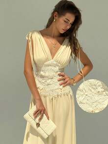 Aloruh Đầm dài vai buộc dây cổ chữ V phối ren họa tiết chắp vá mùa hè cho nữ - Màu be - Xem 2