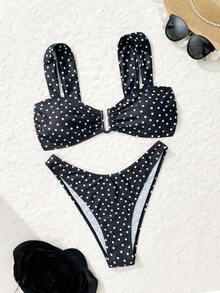 Swim Mod 波点设计时尚沙滩比基尼套装，女童款，夏季热销单品 - 黑色 - 查看 5