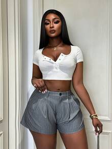 Xyvia Women's Spring/Summer New Casual Commuter Outfit, Street Retro All-Match Versatile High-Quality Light Gray Striped Fabric Design Short Pants - Light Grey - View 4