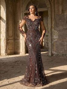 Aureia 大码优雅浪漫棕色深V领长袖薄纱贴花装饰奢华亮片网纱拼接美人鱼下摆紧身连衣裙，适合网红婚礼派对正式晚宴（重工装饰设计） - 棕色 - 查看 3