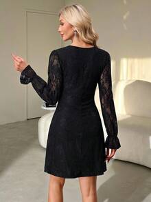 SHEIN Clasi 女士优雅蕾丝荷叶边袖收腰短款派对连衣裙，适合春季、夏季、秋季、情人节穿着。 - 黑色 - 查看 2