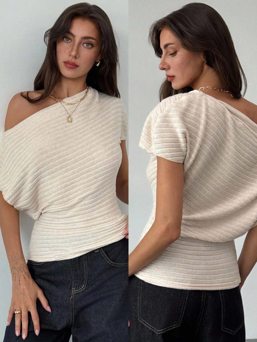 Aloruh 女士纯色不对称肩部休闲短袖时尚百搭上衣，适合秋季、返校、返校节、商务休闲场合穿着。