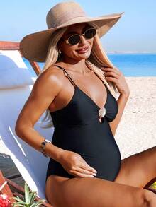 Swim Vcay Maternity Solid Color Spaghetti Strap One-Piece Swimsuit For Beach Vacation - Black - View 2