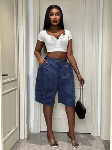 Xyvia 女士春夏新款休闲通勤裤，复古街头风，百搭百搭高品质条纹面料设计，藏蓝色阔腿中长裤 - 藏蓝色 - 查看 5