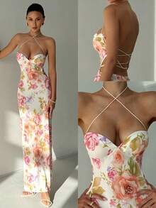 Aloruh 女士优雅性感花卉印花露背连衣裙 - 粉色 - 查看 5