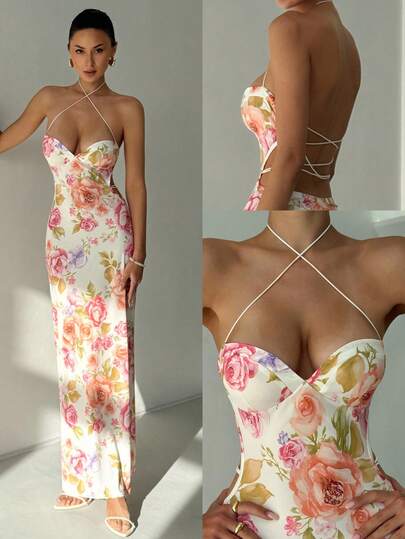 Aloruh فستان أنيق وجذاب للنساء مفتوح الظهر بطبعة زهور