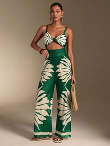 Swim Oasis Bộ đồ bơi liền thân khoét rỗng họa tiết cây nhiệt đới dành cho nữ, kèm áo khoác ngoài và quần, thích hợp cho kỳ nghỉ. - màu xanh lá - Xem 6