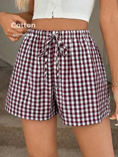 Easowa Summer Casual Black And White Plaid Shorts Women's Picnic Beach Shorts,Comfortable Gingham Checkered Linen-Like Shorts With Pockets & Elastic Waist