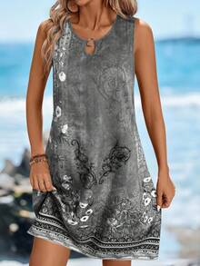 Sylviya Đầm chữ A không tay cổ tròn đính vòng kim loại, họa tiết hoa, kiểu dáng thường ngày, thanh lịch, thích hợp cho kỳ nghỉ, đường phố, váy ngắn cho nữ, đầm đi nghỉ mát, đầm thường ngày, đầm dự tiệc, đầm hè, đầm mùa hè thường ngày. - Xám - Xem 6