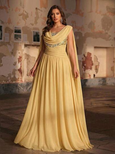 Aureia Plus Size Elegant Romantic Yellow Ruffled Collar Flare Sleeve Luxury Sequin Patchwork Chiffon Pleated A-Line Dress, Suitable For Wedding, Party, Celebration, Formal Event, Gala (Heavily Embellished Design)