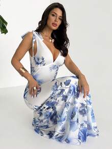 Firerie 女士优雅浪漫端庄假日派对婚礼宾客伴娘沙滩V领蝴蝶结吊带蓝白印花网纱透视长裙，春夏女士连衣裙蓝白印花连衣裙蓝色印花连衣裙女士印花长裙 - 藍白色 - 查看 7