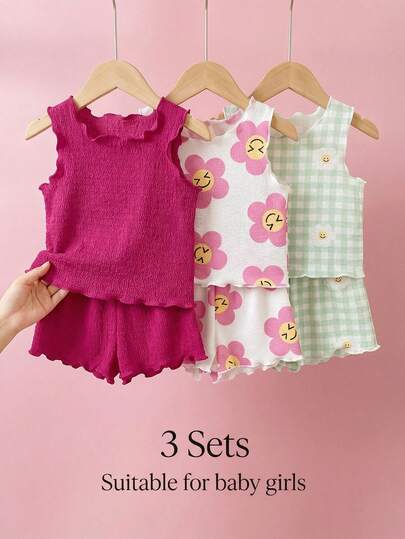 SHEIN 3 Sets Baby Girls Clothes Outfits Sets Pink Floral Plaid Graphic Tee Sleeveless Tank Tops Shorts Pants Trousers Tights Bottoms Soft Thick Casual Set Two Piece Outfit For Summer Spring Vacation