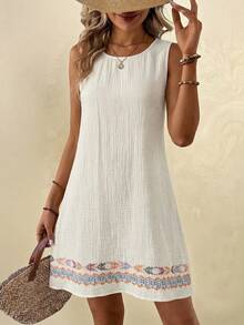 EMERY ROSE Summer Casual Beach Vacation Cotton Linen Textured Apricot Sleeveless Shift Dress For Women Women Sundress Summer Boho Summer Dress Women Summer Casual Dress Casual Sundress - Beige - View 3