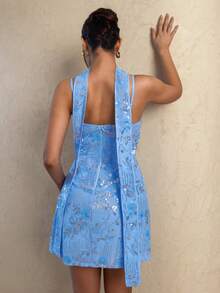 Glamine 女士花卉亮片性感时尚吊带迷你连衣裙 - 淺藍色 - 查看 2