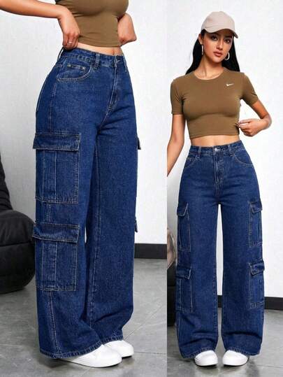 Jeans Cargo Mujer de Mezclilla - Corte Holgado y Múltiples Bolsillos | Confort y Moda