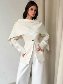 Firerie 女士优雅简约时尚通勤都市风新街头风日常百搭V领围巾金属扣长袖束腰白色西装外套 - 白色 - 查看 7