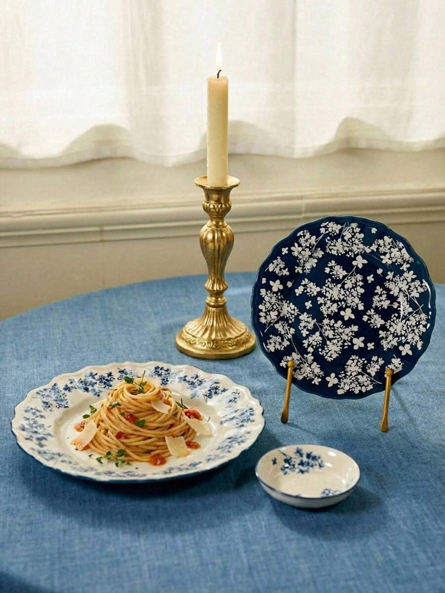 Cirelle SOLECASA High-Temperature Fired Ceramic Tableware Plates, British Style, Dessert Plates, Salad Plates, Pasta Plates, Appetizer Plates, Lunch Plates, Dinner Plates, Easy To Clean, Suitable For Microwave, Dishwasher, Oven - Blue and White - View 1