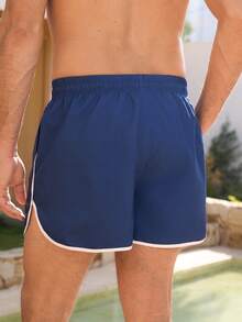Manfinity Swimmode 男士撞色滚边字母印花沙滩短裤 - 藏蓝色 - 查看 3