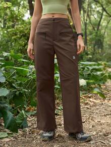 SHEIN In My Nature Women's Botanical Print Zipper Pocket Straight Leg Hiking Pants - Coffee Brown - View 4
